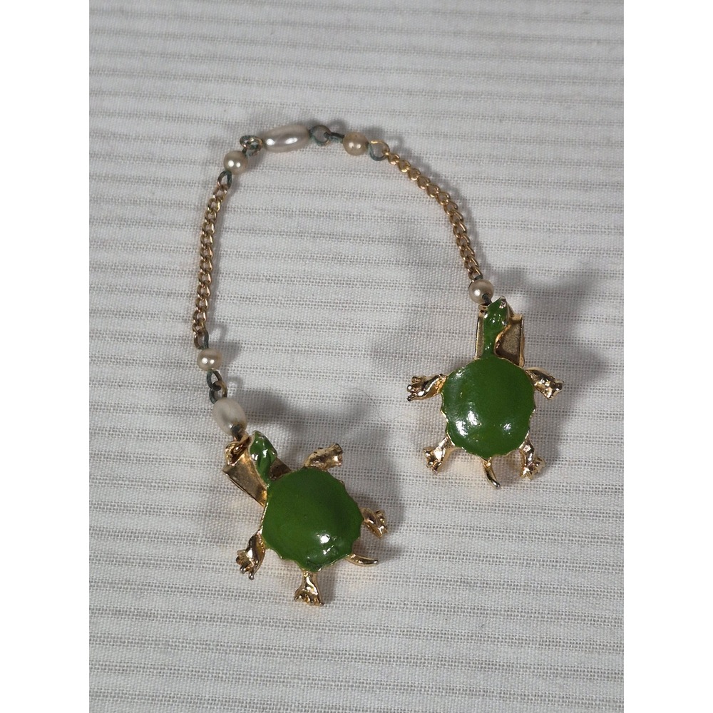 Vintage Green Enamel Turtle Sweater Guard Faux Pearl Gold Tone Cardigan Clips